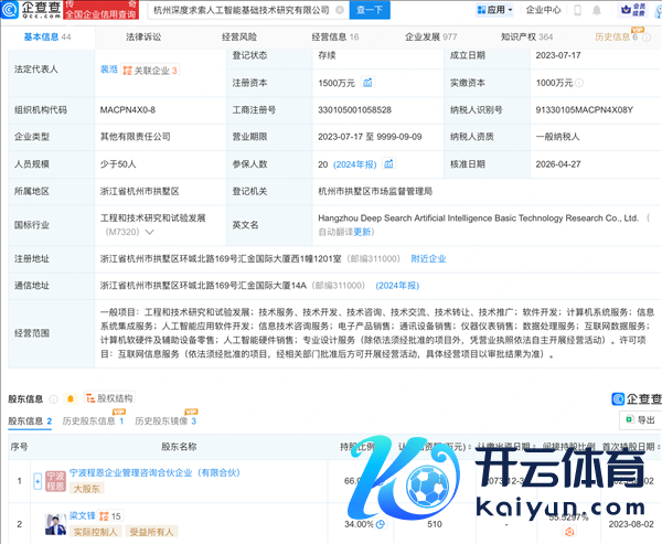 梁文锋合手股从1%至 34% DeepSeek注册成本提50% 大变局开释明敬佩号